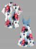 Tenue de plage hawaïenne assortie grande taille à imprimé géométrique cercle et feuilles tropicales, motif fleurs d'hibiscus, pour couples - Bleu clair 