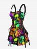 Colorful Skull Pumpkin Print Halloween Lace Up A Line Tank Dress -  
