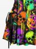 Colorful Skull Pumpkin Print Halloween Lace Up A Line Tank Dress -  