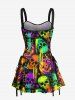 Colorful Skull Pumpkin Print Halloween Lace Up A Line Tank Dress -  