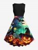 Plus Size Pumpkin Lantern Ghost Tree Bat Moon Ombre Galaxy Print Halloween 50s Vintage Swing A Line Dress -  