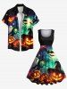 Plus Size Pumpkin Lantern Ghost Tree Bat Moon Ombre Galaxy Print Halloween 50s Vintage Swing A Line Dress -  