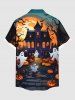 Plus Size Halloween Pumpkin Ghost Moon Bat Tree Print Buttons Pocket Shirt For Men -  