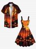 Plus Size Halloween Pumpkin Lantern Moon Bat Trees Print Tank Dress -  