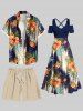 Chemise hawaïenne à boutons et poches pour homme, grande taille, imprimé ethnique, feuilles tropicales, hibiscus et fleurs - café lumière XL