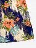 Short de plage hawaïen grande taille à imprimé feuilles tropicales, hibiscus, fleurs et vagues avec cordon de serrage et poches - Bleu 5XL