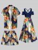 Short de plage hawaïen grande taille à imprimé feuilles tropicales, hibiscus, fleurs et vagues avec cordon de serrage et poches - Bleu 5XL