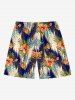 Short de plage hawaïen grande taille à imprimé feuilles tropicales, hibiscus, fleurs et vagues avec cordon de serrage et poches - Bleu 5XL
