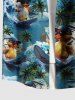 Plus Size Coconut Tree Sea Waves Surfing Ducks Ship Print Buttons Pocket Hawaii Shirt For Men -  