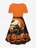 Plus Size Halloween Pumpkin Moon Bat Tree Print Cinched Dress -  