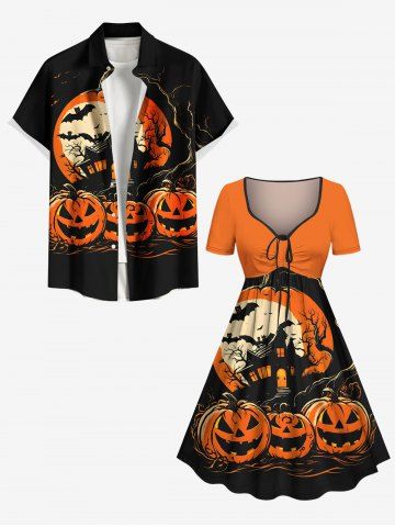 Halloween Pumpkin Moon Bat Tree Print Plus Size Matching Outfit For Couples - ORANGE