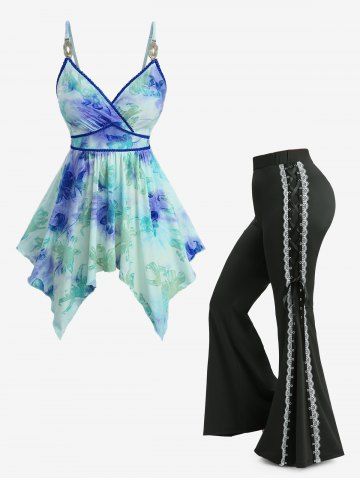 Tie Dye Print Floral Flocking Surplice Handkerchief Top and Lace Up Two Tone Flare Pants Plus Size Outfit