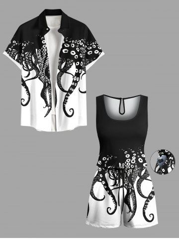 Matching Hawaii Shirt and Romper Plus Size Beach Outfit Octopus Two Tone Print For Couples
