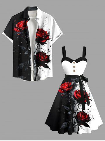Halloween Ink Painting Splatter Rose Flower Print Plus Size Matching Outfit For Couples