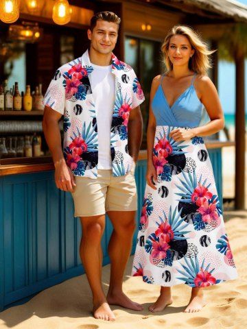 Tenue de plage hawaïenne assortie grande taille à imprimé géométrique cercle et feuilles tropicales, motif fleurs d'hibiscus, pour couples