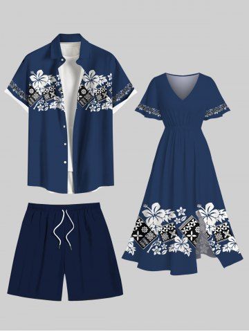 Flower Leaf Geometric Blocks Print Plus Size Matching Hawaii Beach Outfit For Couples