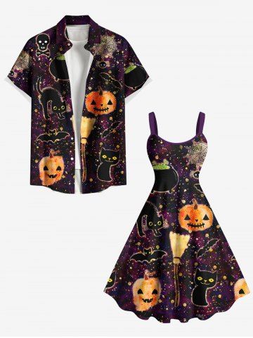 Halloween Pumpkin Bat Spider Web Skull Cat Print Plus Size Matching Outfit For Couples