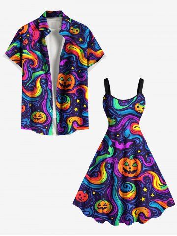 Halloween Pumpkin Bat Star Rainbow Swirls Print Plus Size Matching Outfit For Couples