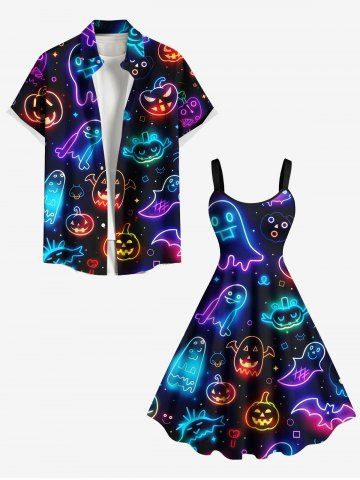 Halloween Pumpkin Ghost Neon 3D Print Plus Size Matching Outfit For Couples