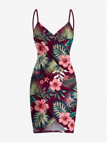 Plus Size Hibiscus Flowers Tropical Leaf Print Convertible Hawaii Beach Cover - RED WINE - XS