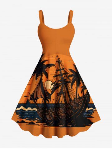 Plus Size Coconut Tree Sea Waves Boat Sun Print Hawaii Tank Dress - ORANGE - 6X
