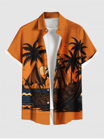 Plus Size Coconut Tree Sea Waves Boat Sun Print Buttons Pocket Hawaii Shirt For Men - ORANGE - 6XL
