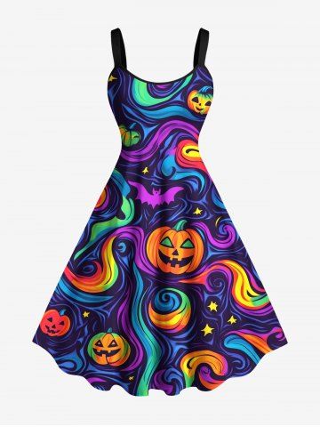 Plus Size Halloween Pumpkin Bat Star Rainbow Swirls Print Tank Dress - PURPLE - M
