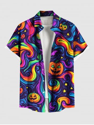Plus Size Halloween Pumpkin Bat Star Rainbow Swirls Print Buttons Pocket Shirt For Men - PURPLE - 3XL