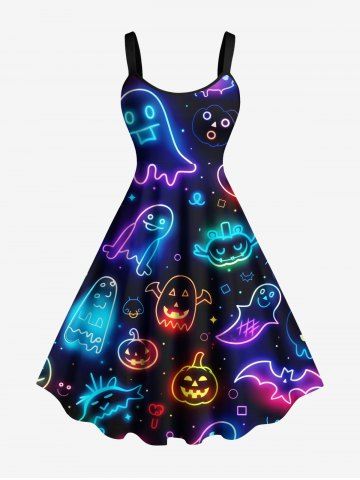 Plus Size Halloween Pumpkin Ghost Neon 3D Print Tank Dress - BLACK - XXS