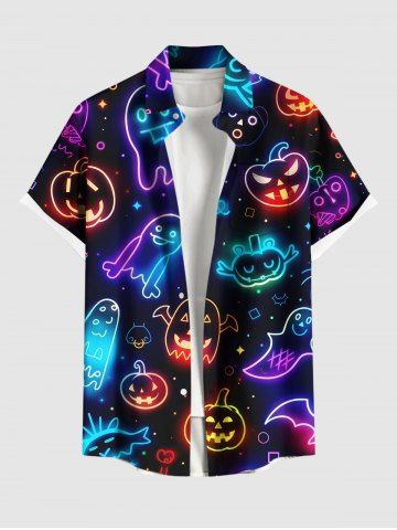 Plus Size Halloween Pumpkin Ghost Neon 3D Print Buttons Pocket Shirt For Men
