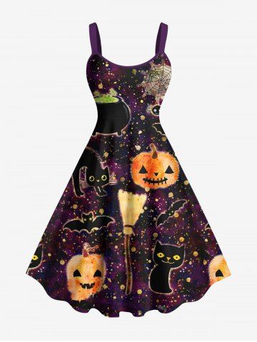 Plus Size Halloween Pumpkin Bat Spider Web Skull Cat Print Tank Dress - CONCORD - XXS