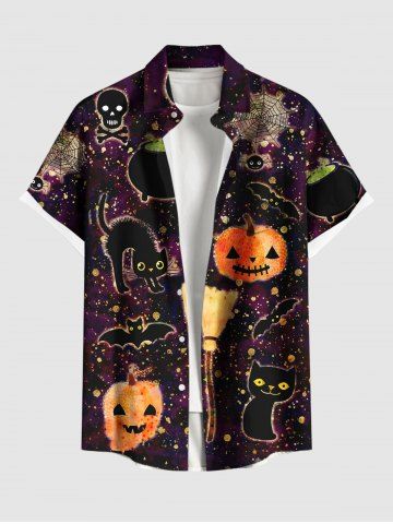 Plus Size Halloween Pumpkin Bat Spider Web Skull Cat Print Buttons Pocket Shirt For Men