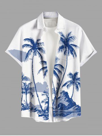 Plus Size Coconut Tree Mountain Cloud Print Buttons Pocket Hawaii Shirt For Men - WHITE - 4XL