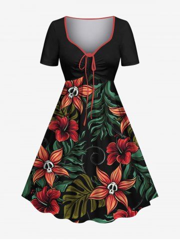 Plus Size Skulls Tropical Leaf Hibiscus Flowers Print Cinched Hawaii Dress - BLACK - XS