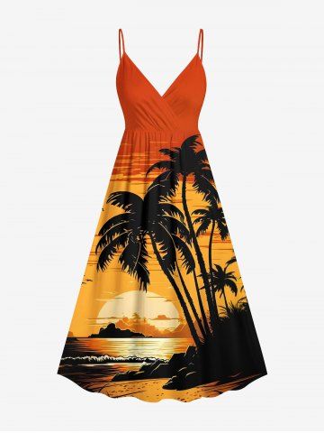 Plus Size Coconut Tree Sun Seascape Bird Print Surplice Hawaii Cami Dress - ORANGE - L