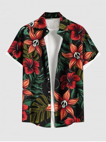 Plus Size Skulls Tropical Leaf Hibiscus Flowers Print Buttons Pocket Hawaii Shirt For Men - BLACK - M