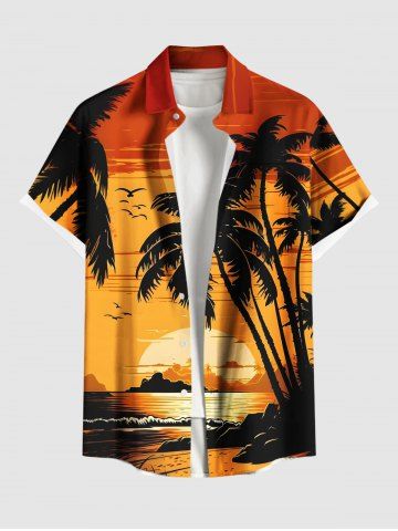 Plus Size Coconut Tree Sun Seascape Bird Print Buttons Pocket Hawaii Shirt For Men - ORANGE - 4XL