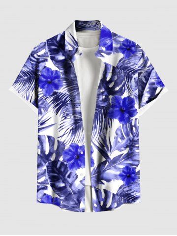 Plus Size Hibiscus Flowers Tropical Leaf Print Buttons Pocket Hawaii Shirt For Men - BLUE - M