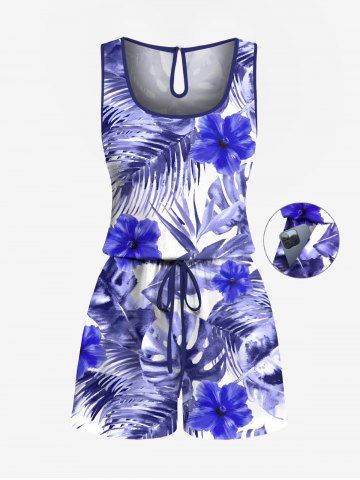 Plus Size Hibiscus Flowers Tropical Leaf Print Cinched Hawaii Romper - BLUE - L