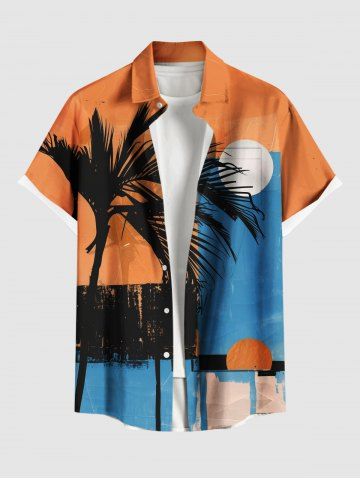 Plus Size Coconut Tree Colorblock Moon Print Hawaii Button Pocket Shirt For Men - ORANGE - 4XL