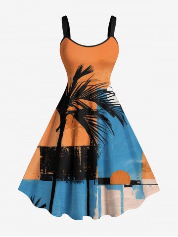 Plus Size Coconut Tree Colorblock Moon Print Hawaii A Line Tank Dress - ORANGE - M