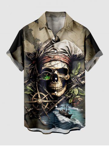 Plus Size Skull Pirate Map Sea Sailboat Compass Print Hawaii Cruise Button Pocket Shirt For Men