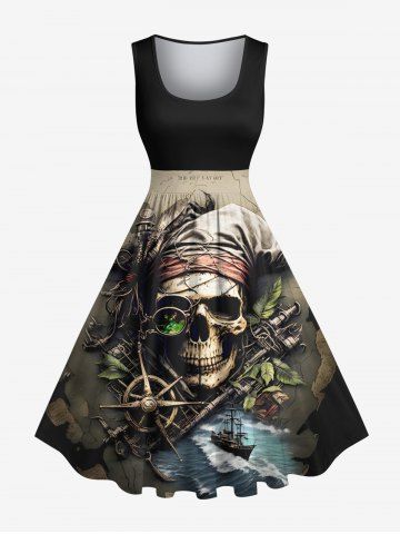 Plus Size Skull Pirate Map Sea Sailboat Compass Print Hawaii Cruise Vintage 50s Swing A Line Dress - BLACK - 6X