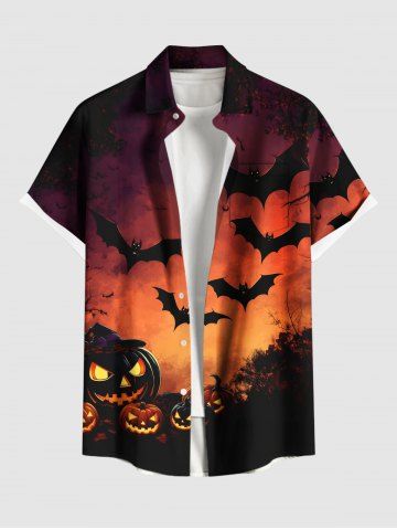 Plus Size Pumpkin Bat Ombre Galaxy Print Halloween Button Pocket Shirt For Men - ORANGE - XL