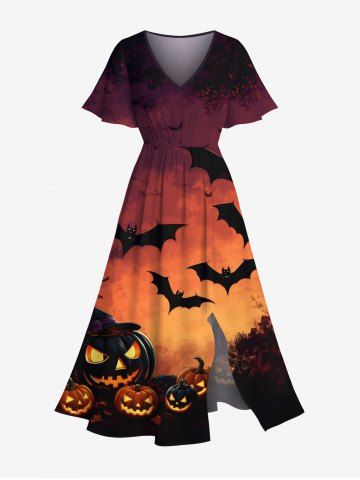 Plus Size Pumpkin Bat Ombre Galaxy Print Halloween Split Pocket A Line Midi Dress - ORANGE - XXS