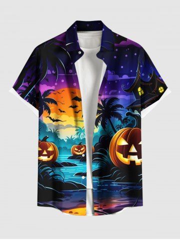 Plus Size Pumpkin Lantern Coconut Tree River Bat Moon Ombre Galaxy Print Halloween Button Pocket Shirt For Men - BLACK - M