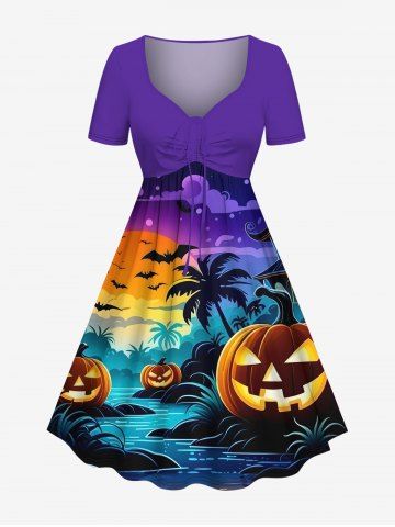 Plus Size Pumpkin Lantern Coconut Tree River Bat Moon Ombre Galaxy Print Halloween Cinched A Line Dress - PURPLE - 3X