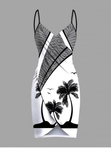 Plus Size Coconut Tree Curve Tropical Leaf Print Hawaii Convertible Beach Cover Up - WHITE - XS
