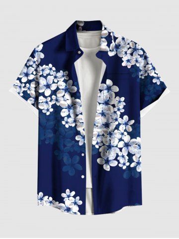 Plus Size Ombre Flower Petal Print Hawaii Button Pocket Shirt For Men - BLUE - 4XL