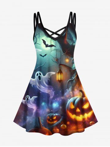 Plus Size Pumpkin Lantern Ghost Bat Tree Print Halloween Ombre Crisscross A Line Cami Dress - MULTI-A - XXS